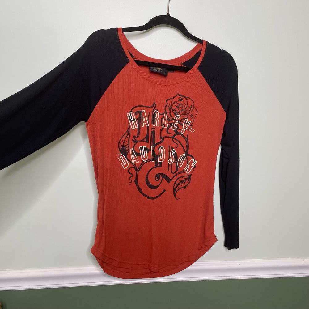 Harley-Davidson Ribbed Knit Long Sleeve Top Roses Spell Out Logo Orange Black‎ M - Picture 4 of 9